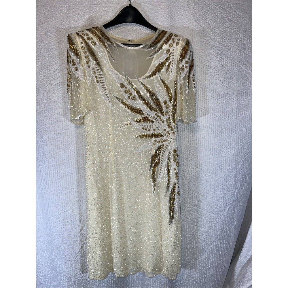 Vintage 90s‎ Y2K Ivory Gold Silk Beaded Dress Fairy *READ* Sz 8 Modi